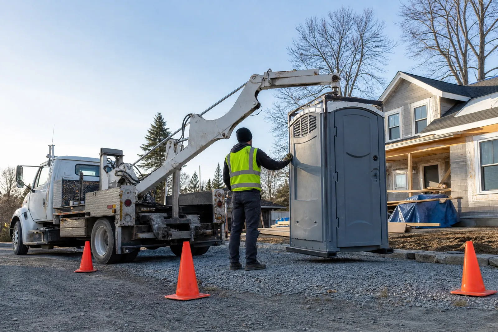 Portable restrooms for construction and renovation portable sanitation setup